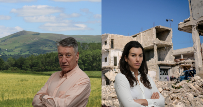The image is split between a man, arms crossed staring intensely, in front of the Shropshire hills, and a young woman, also with arms crossed and staring intensely, with a background of a bombed out wartorn scene